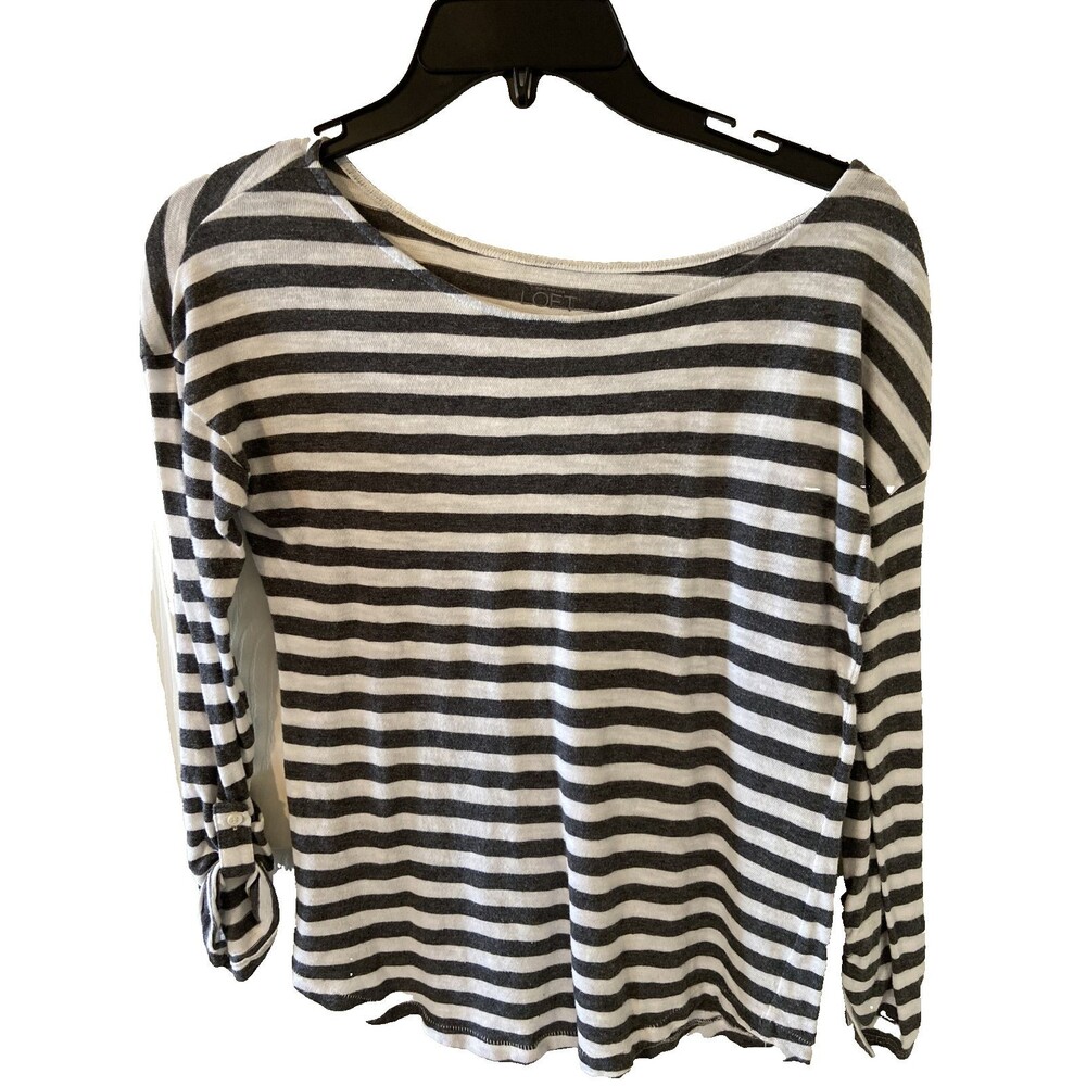 Ann Taylor LOFT Cotton Top White Gray Striped Roll Tab Long Sleeve Boat Neck XS